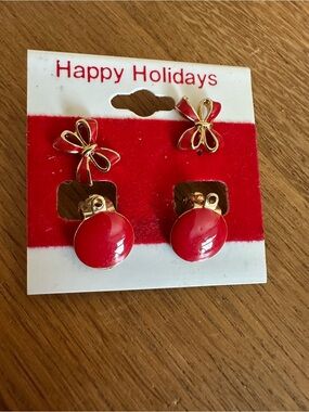 Holiday Red Bow and Stud Earrings - Gold Accents